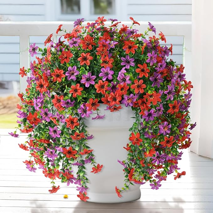 Homsunny Artificial Fake Flowers Plants for Outdoor Spring Summer Decoration, 2 PCS Faux Silk Daisy Hanging Flower Outside UV Resistant Look Real for Patio Porch Garden Balcony Home Decor(Red Purple)
