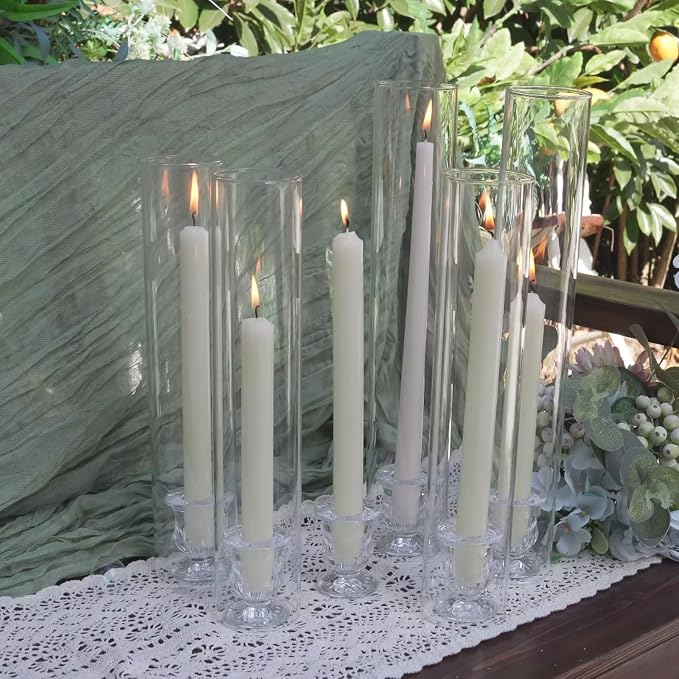 CHILL RECIPE Hurricane Glass Candle Holders-Set of 12 Tall Taper Candle Holder with 14” Tall Clear Cylinder Covers for Wedding Table Centerpiece Home Decor (Floral Base+Clear Chimney)