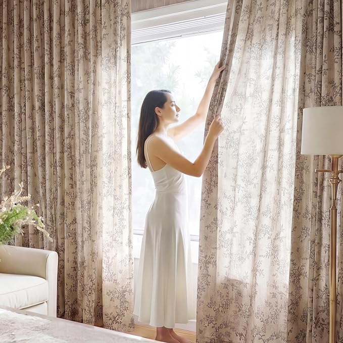 StangH Taupe Floral Curtains with Natural Linen Texture, Farmhouse Vintage Butterfly Print Light Filtering Window Treatment for Dining Room, W52 x L90, 2 Panels