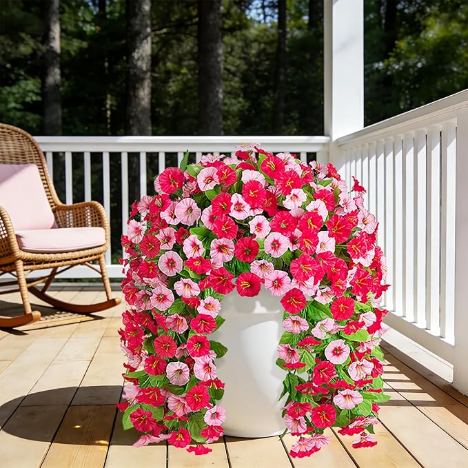 INXUGAO Artificial Fake Hanging Flowers Plants for Outdoor Decoration, 2PCS Faux Silk Morning Glory Long Vines Stems UV Resistant Look Real for Spring Summer Outside Home Porch Patio, Red Pink
