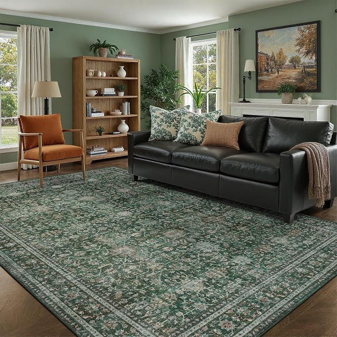 DCX Green 8x10 Rug, Kid & Pet Friendly with Rubber Back Non Slip, Machine Washable Stain Resistant Vintage Traditional Distressed Carpet, Rug for Living Room, Bedroom, Neutral Home Decor