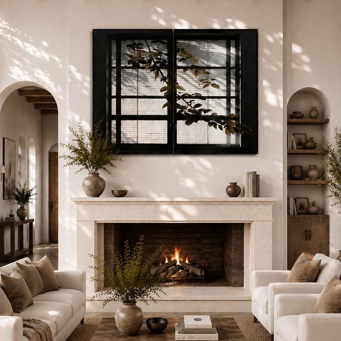 CCPEAR Large Framed Neutral Abstract Wall Art for Living Room, Set of 2 Botanical Window Shadow Wall Art, Black and White Leaf Silhouette Canvas Print, Minimalist Modern Wall Decor for Living Room Bedroom, 32x48 Inch