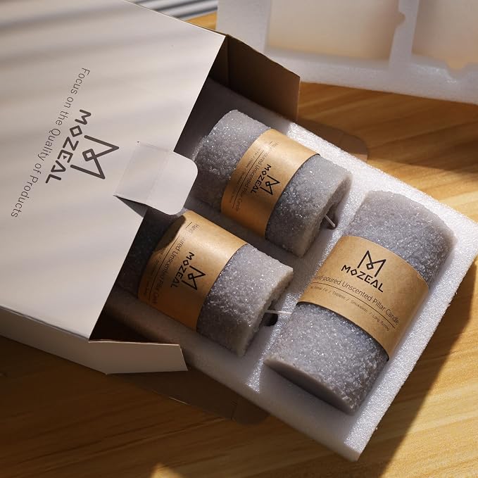 MOZEAL Hand-Poured Granular Texture Decorative Gray Pillar Candles Set of 3 (3'x4' 5' 6'),Approx 300 Hours Burn Time Dripless, Unscented, Smokeless
