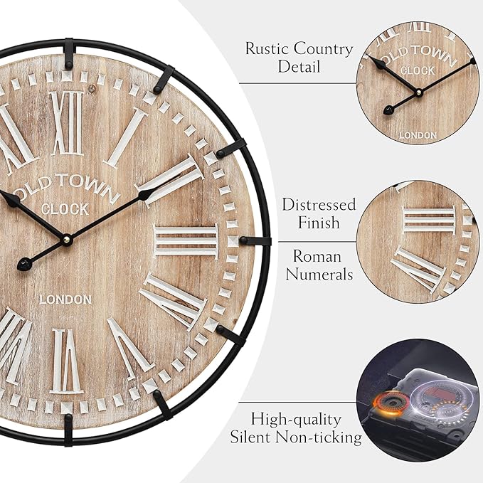 EMAX HOME 20 Inch Large Farmhouse Wall Clock, Rustic Antique Wood with Metal Circle and Large Engraved Numerals, Silent Battery Operated Wall Clock for Office Kitchen Bedroom Living Room