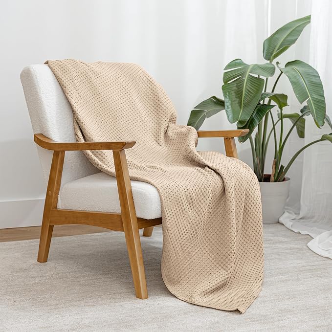 Comfy Cubs 100% Cotton Waffle Weave Throw Blanket Breathable Skin-Friendly Soft Lightweight Blankets - Perfect Warm Textured Blanket Layer - Size for Couch Bed & Sofa (Sand, 50" X 60")