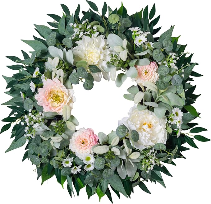 Spring Summer Wreath for Front Door, 22" Artificial Silk Peony Eucalyptus Floral Wreaths for Indoor Outdoor, Farmhouse Greenery Home Decor for Holiday Housewarming