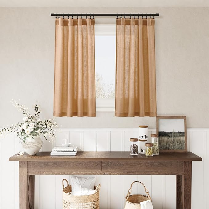 Camel Kitchen Cafe Curtains 30 Inch Length Linen Blend Privacy Light Filtering Short Rustic Curtain with Rod Pocket Back Tab Pleated Design for Over Sink Bathroom Laundry Room 2 Panels 26Wx30L