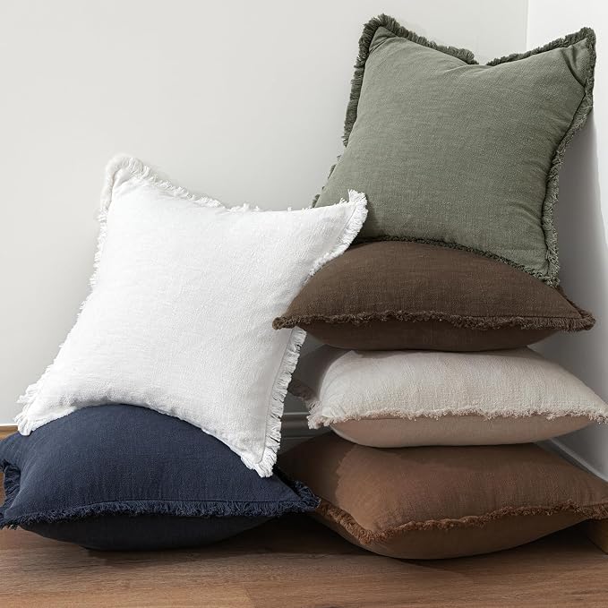 MIULEE Decorative Throw Pillow Covers Neutral Linen Fringe Throw Pillows Euro Shams Set of 2 Chocolate Brown Boho Farmhouse Cushion Covers for Couch Sofa Bed Living Room Fall Home Decor 22x22 Inch