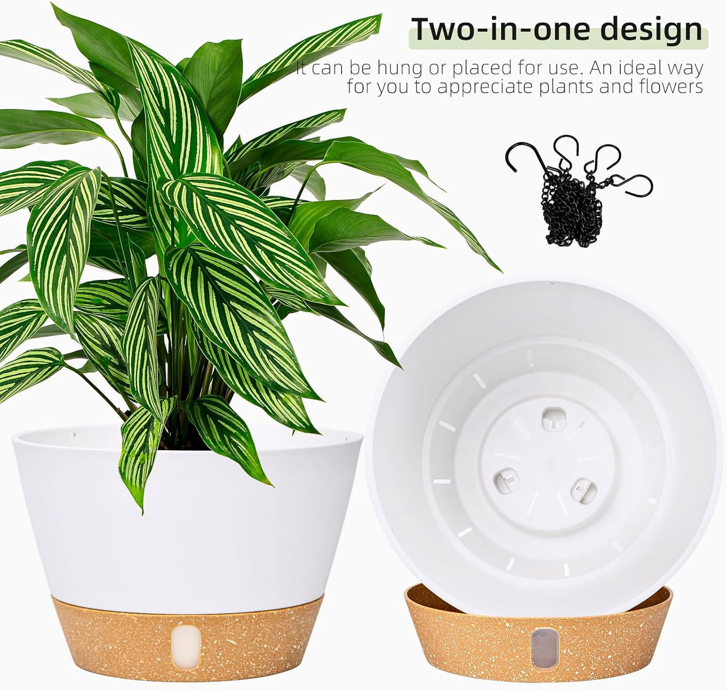 QCQHDU 2 Pack Hanging Planters for Indoor Outdoor Plants, 8 Inch Hanging Baskets Flower Pots with Reservoir Tray & Visible Water-Level