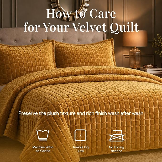 Tribeca Living Luxury Velvet Quilt King Size Set - 260GSM Ultra-Soft Oversized Velvet Bedspread Comforter Set with 2 Shams, in Florence Gold