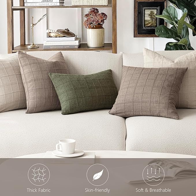 Foindtower Set of 2 Decorative Linen Check Throw Pillow Covers Neutral Farmhouse Lumbar Cushion Covers Modern Boho Home Decor for Sofa Chair Couch Bedroom Living Room,12×20 Inch,Tan Taupe