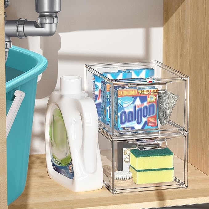 SpaceHacks 4 Pack Stackable Makeup Organizer and Storage, Acrylic Organizers,Clear Plastic Storage Drawer with Handles for Vanity, Undersink, Kitchen Cabinets, Pantry