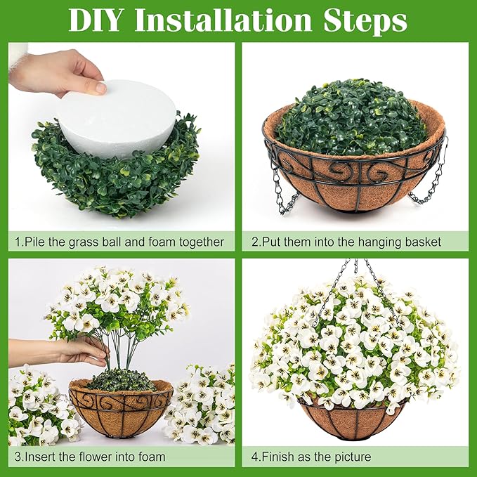 Artificial Hanging Flowers with Baskets for Outdoors, Fake Silk Pansy Flowers UV Resistant Faux Hanging Plants for Front Porch Patio Yard Home Spring Summer Decoration, White
