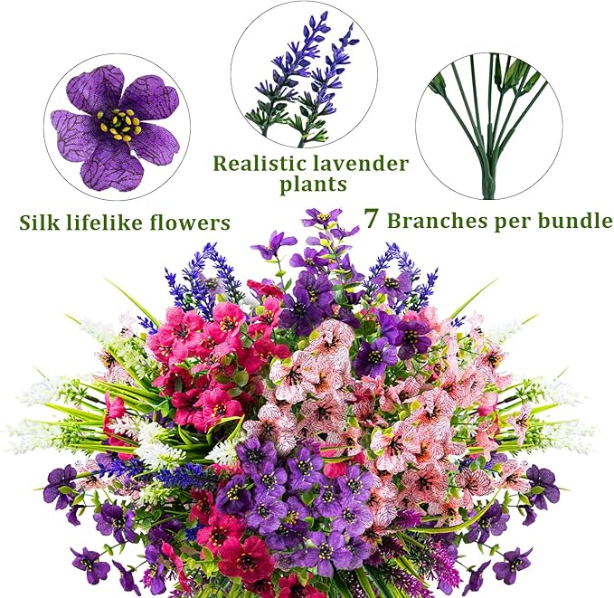 12 Bundles Artificial Flowers Outdoor Silk Fake Plants UV Resistant Faux Plastic Greenery Shrubs for Home Outside Garden Front Porch Window Box Pot Planters Decor (Mix Color)