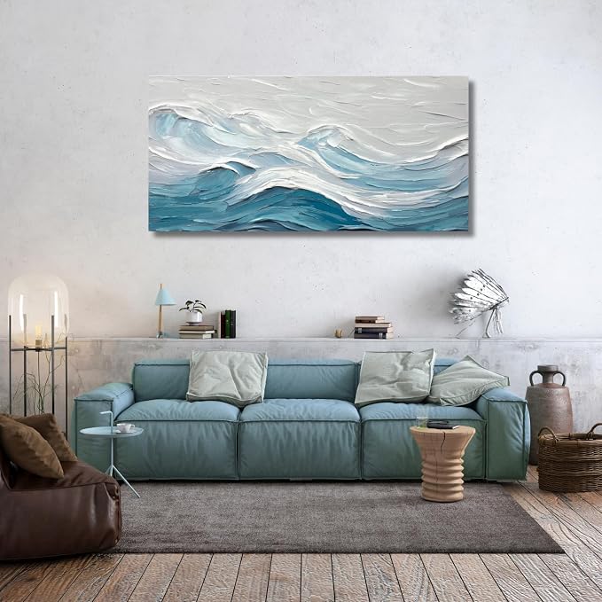 TRAIN2 ART Abstract Wall Art for Living Room Blue and White Ocean Paintings Wall Decor Modern 3D Textured Canvas Wall Art Large Artwork for Living Room Bedroom Office 20"x40"