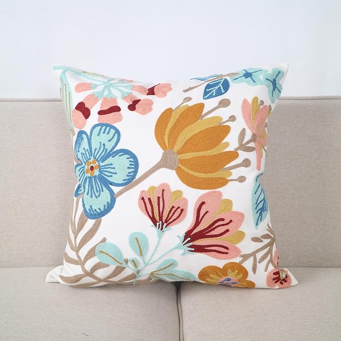 Floral Embroidery Throw Pillow Covers 18x18 Inch Colorful Flower Decorative Cushion Case with Blue and Orange Flowers 100% Cotton, Home Decor Embroidered Throw Pillow Cover 45x45cm, 1 Piece