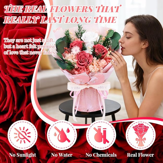 Preserved Pink Rose Bouquet Romantic Flowers Gift Set for Valentine | Preserved Pink Rose Bouquet for lovely Ladies Forever Flowers Gift set for Mom Wife Grandma, Anniversary Mother’s Valentine