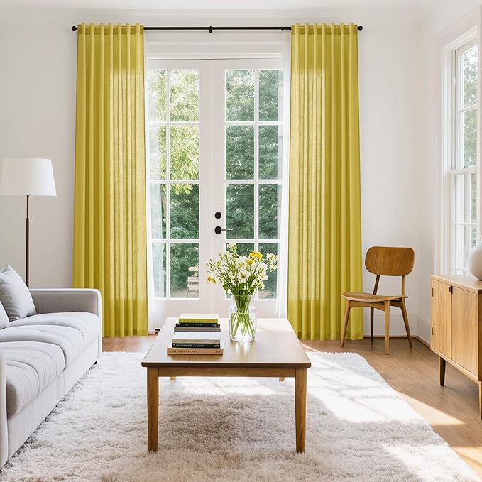 Nanspring Celery Yellow Linen Curtains 108 Inches Long 2 Panels Set Back Tab Loop Pocket Light Filtering Semi Sheer Boho Large Window Decor for High Ceiling Living Room 52x108