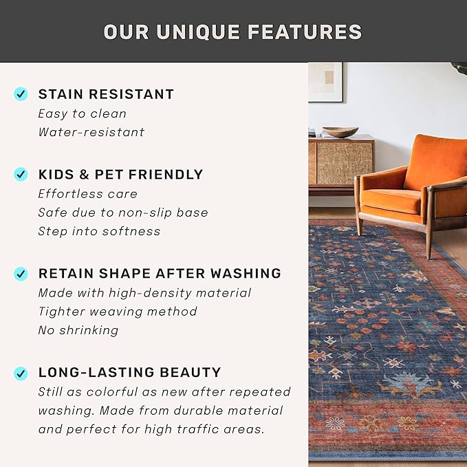 Hazo Haus Washable Navy Blue Living Room Rug, 7x10 Area Rug for Bedroom, Dining Table Rugs - Low Pile Non-Slip Rubber Backing Stain Resistant Rug - Aethestic Boho Home Decor