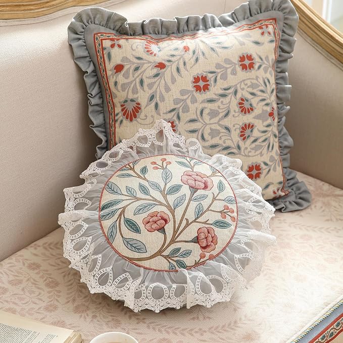 bilin gaier Linen Throw Pillow Cover,Set of 2,Diameter 16"-Flowershadow C | Designer Vintage Elegant Round Pillow Cover,Concealed Zipper,Floral Pattern,Sofa,Bedroom,Living Room,Lounge Chairs