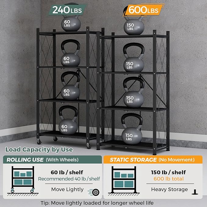 DEANIC 4 Tier Foldable Storage Shelves with Wheels, No Assembly Organizer Rack for Garage Kitchen, Basement, Pantry,Perfect for Craft Shows & Vendor Events(Black)