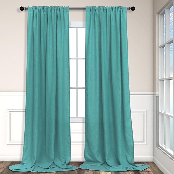 Mid Century Modern Teal Curtains 96 Inches Long 2 Panels for Living Room Bedroom Linen Sheer Semi Privacy Lightweight Light Filtering Drapes for Dining Room Office Farmhouse Coastal Decor 52x96 Length