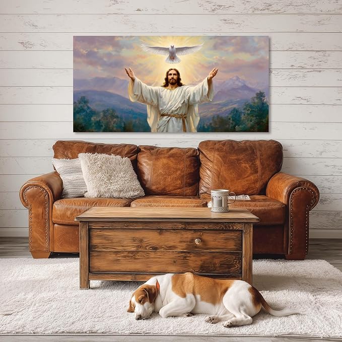 Ggaafet Jesus and Pigeon Wall Art for Bedroom Canvas Oil Painting Prints Halo God Universal Love Spiritual Faith Art Deco Classic Artwork Office Family Dining Room Decor