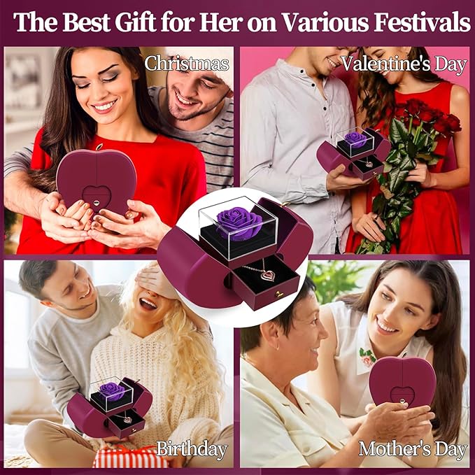 Preserved Purple Real Rose with Heart Necklace, Forever Flowers Rose Valentines Day Gifts for Her, Girlfriend, Wife, Mom, Women, on Mothers Day, Birthday, Anniversary, Thanksgiving, Christmas