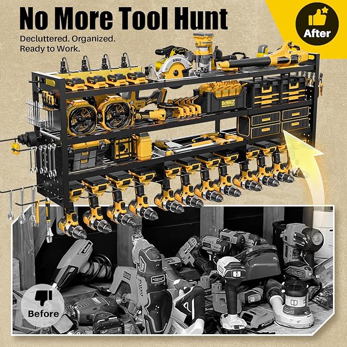 Power Tool Organizer Wall Mount | 8-Outlet TR Charging Station | Garage Storage Rack with Cordless Drill Holder | Heavy Duty Metal Shelf for Workshop Organization