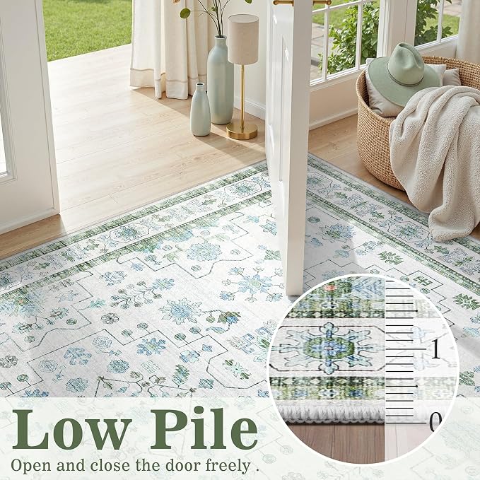 DCX Green 4x6 Rug, Kid & Pet Friendly with Rubber Back Non Slip, Machine Washable Stain Resistant Vintage Boho Floral Rug for Living Room, Bedroom, Soft Low Pile Large Nursery Carpet