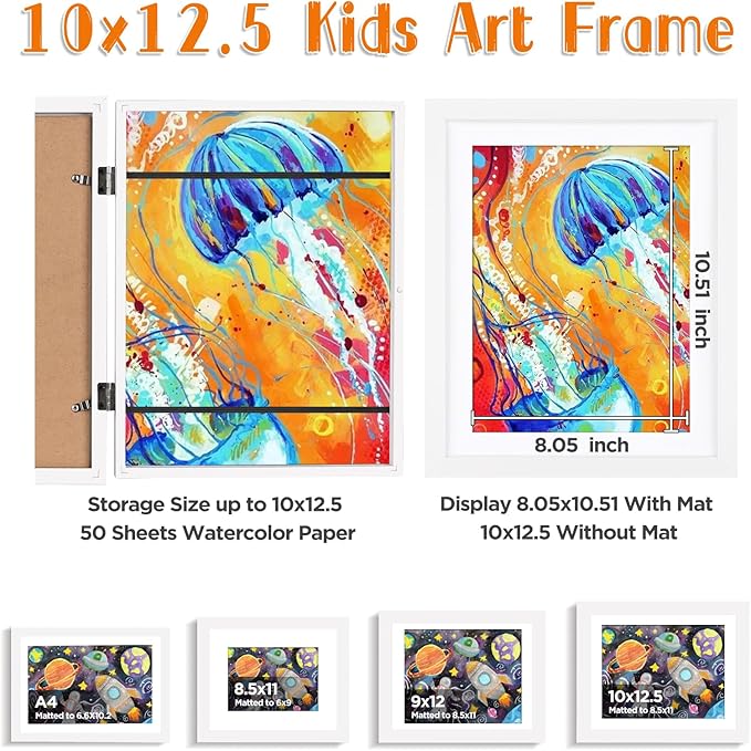 KINLINK 10x12.5 Kids Art Frame Set of 2, Solid Wood Kids Artwork Frames Changeable with Front Opening Hold 150 Pictures, Art Frames for Kids Art with Mat,without Mat 10x12.5 Picture Frame White