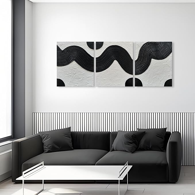 NANKAI Art Hand-Painted Abstract Oil Painting in Black and White Texture Modern Minimalist Art 24x20 Inches x 3,Home Wall Decoration Oil Painting