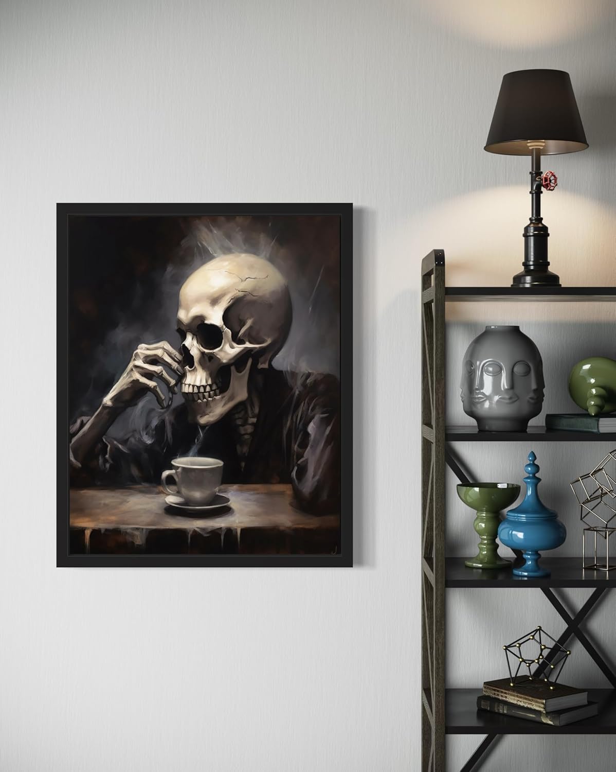 Skull Drinking Coffee Poster Art Print, Halloween Scary Vintage Wall Art Academia Spooky Painting Decoration for Horror Prints, Gothic Posters Bedroom Decor 89 (Skull Drinking Coffee, 11 x 14 inches, Unframed)