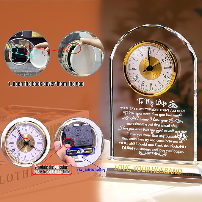 Gifts for Wife from Husband - Crystal Clock, Birthday, Wedding Anniversary Marriage Gifts Idea - to My Wife Clock Presents for Valentines Mother's Day (8.8'' Gift Boxed)