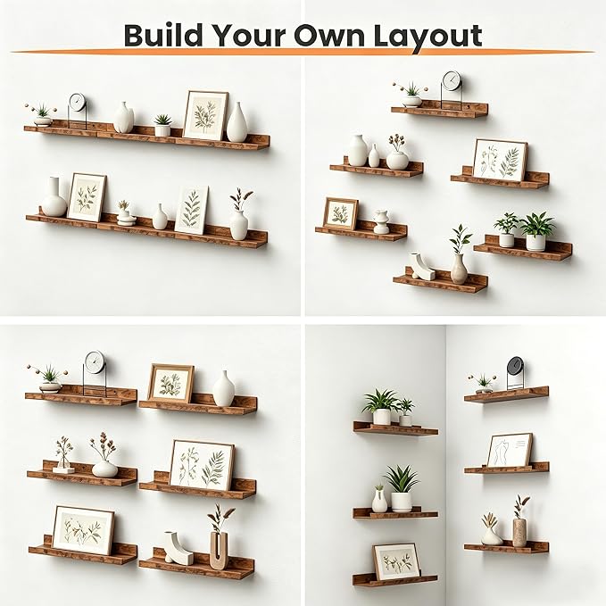 upsimples Floating Shelves for Wall, Wall Shelves for Decor Storage Set of 6, Wall Mounted Wood Shelf for Bedroom, Living Room, Bathroom, Kitchen, Picture Ledge Shelf, Brown