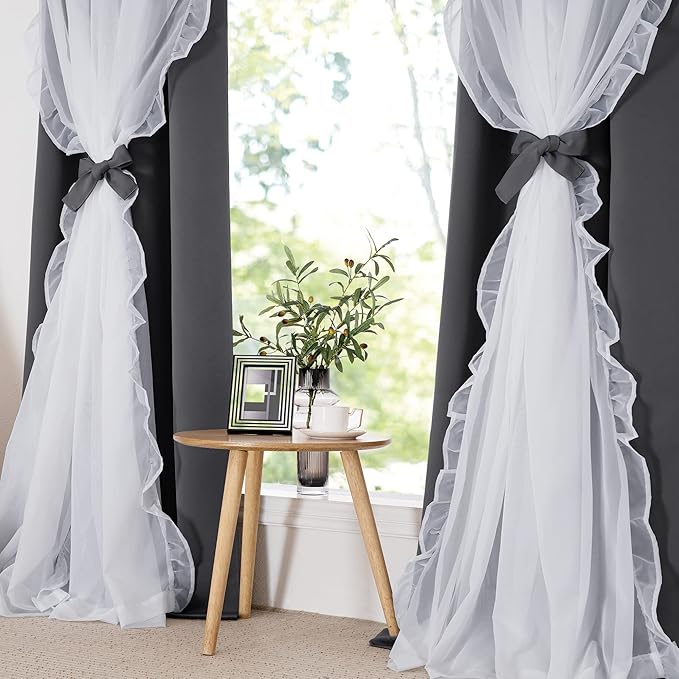 PONY DANCE Ruffle Sheer Overlay Blackout Curtains for French Country Bedroom, Window Treatment Double Layer Drapes, Farmhouse Rustic Design, W 52 x L 84 Inches, Grey, 2 Panels