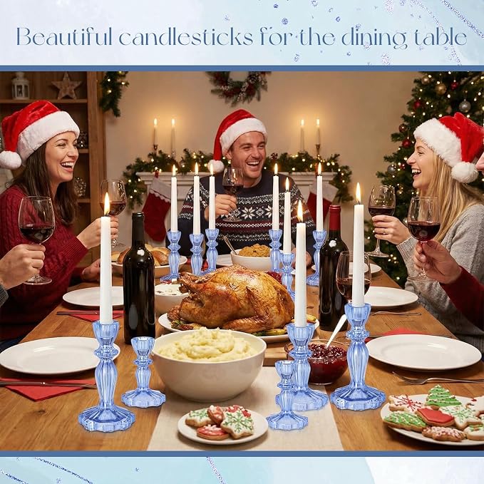 24 Pack Glass Candlestick Holders Set 4.3/6.1'' Taper Stripe Candle Holder Bulk Floral Shape Crystal Decorative Candle Stand Centerpiece for Table Wedding Dining (Blue)