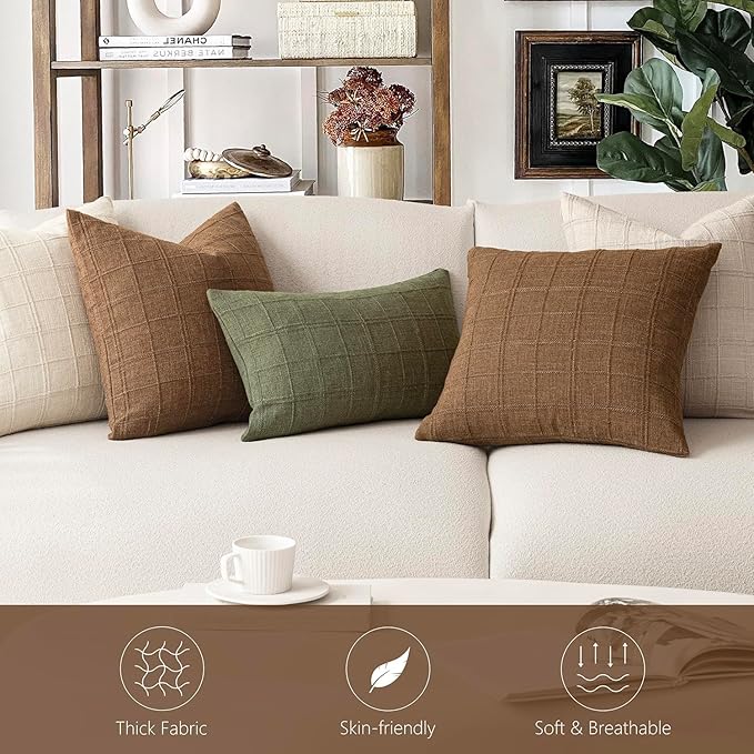 Foindtower Set of 2 Decorative Linen Check Throw Pillow Covers Neutral Farmhouse Vintage Cushion Covers Modern Boho Home Decor for Sofa Chair Couch Bedroom Living Room,18×18 Inch,Brown Hazel