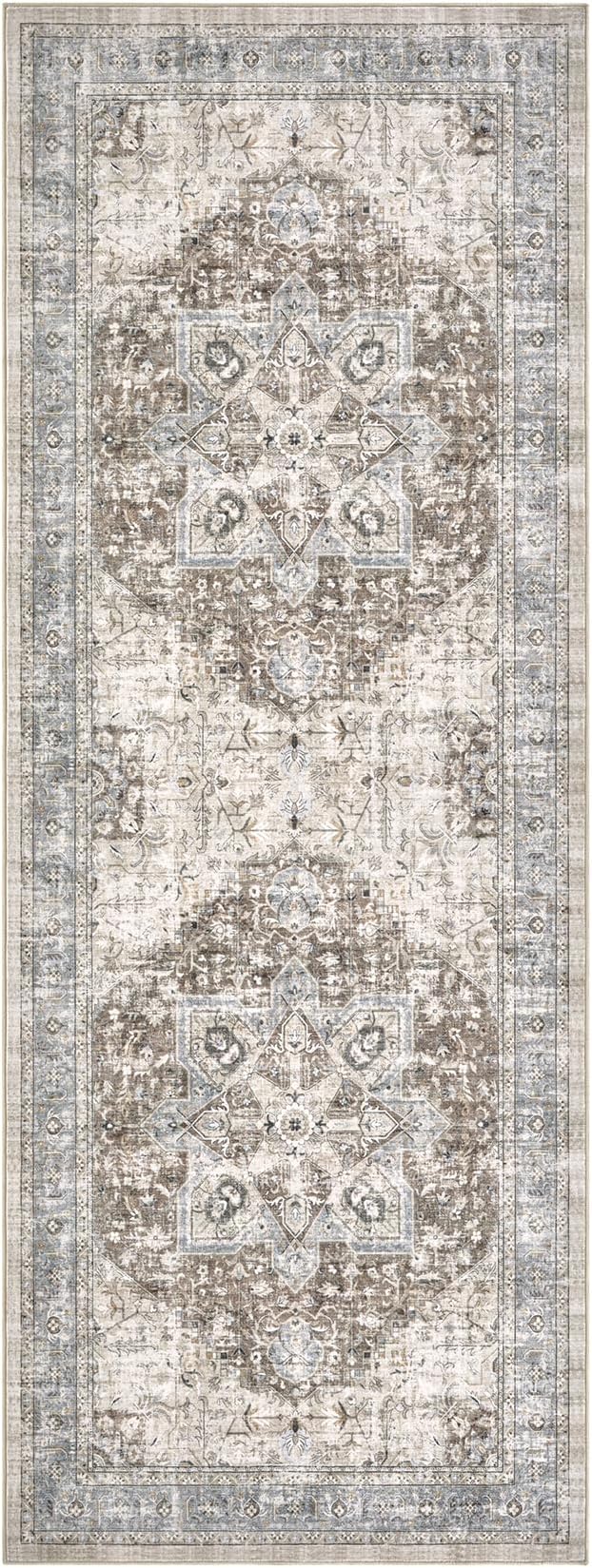 Tortania Area Rug 2x6 Runner Rugs - Washable Vintage Oriental Farmhouse Thin Indoor Carpet for Living Room Bedroom Hallway Entryway Kitchen Under Dining Table Home Office - Brown Blue
