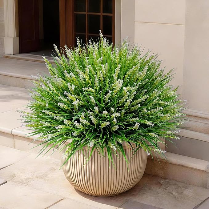 alyptus Outdoor Artificial Flowers 12 Bundles Plastic Plants Faux White Flower Fake Monkey Grass for Planters Décor Outside (White)