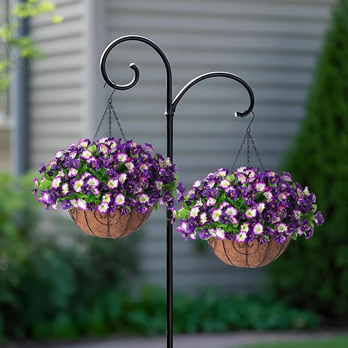 Ammyoo Artificial Hanging Flowers 12 inch Basket, Faux Silk Petunias Flower Arrangement,Coconut Lining Pot Planter with Morning Glories Patio Garden Porch Deck Spring Summer Decor(Purple Edge)