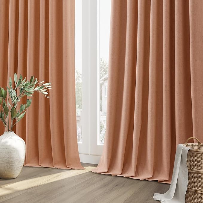 Guken 100% Blackout Curtains 90 Inch Length 2 Panels Set for Living Room Bedroom Back Tab Thermal Insulated Black Out Linen Drapes Room Darkening Peach Quartz,52x90