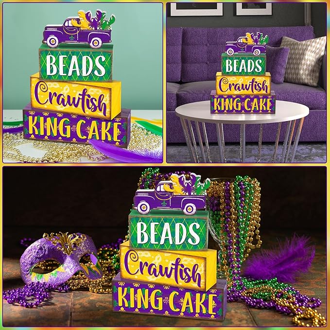 Marsui 4 Pcs Mardi Gras Decorations Mardi Gras Centerpieces Table Decorations Farmhouse Wooden Tabletop Blocks Sign for Home Party Rustic Tiered Tray Shelf Office Carnival Decor