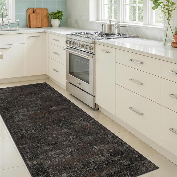 Black 2'6" x 10' Extra Long Hallway Runner Rug, Washable Non Slip Kitchen Runner, Dark Charcoal Low Pile Stain Resistant Rug for Entryway, Bathroom & Laundry Room