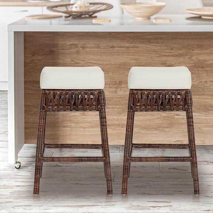 JONATHAN Y Bali 25.6" Woven Rattan Backless Counter Stool with Cushion, Bohemian Dark Brown Stool with Footrest for Kitchen Island, Home Bar, and Dining Room CSL1100A