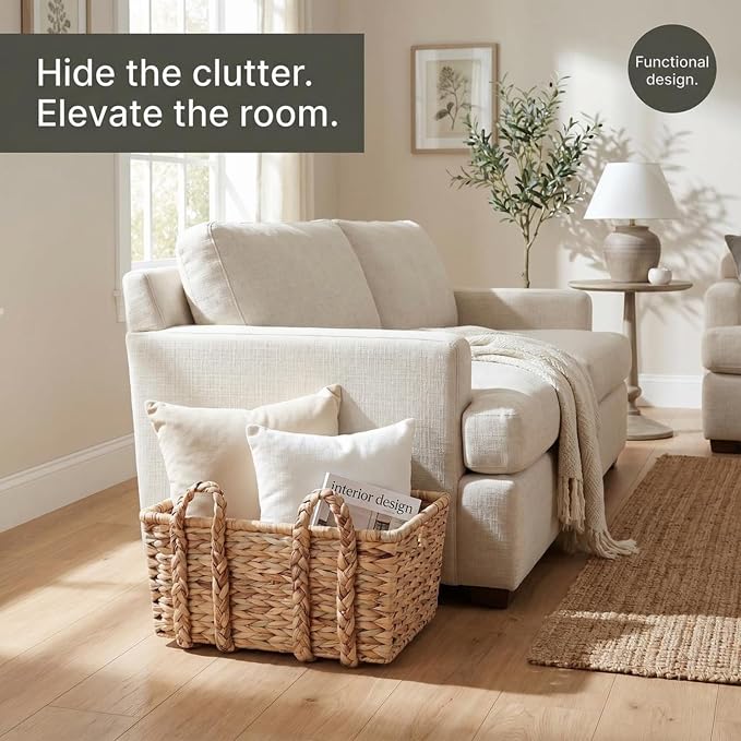 Household Essentials Large Rectangular Floor Storage Basket with Braided Handles, Light Brown