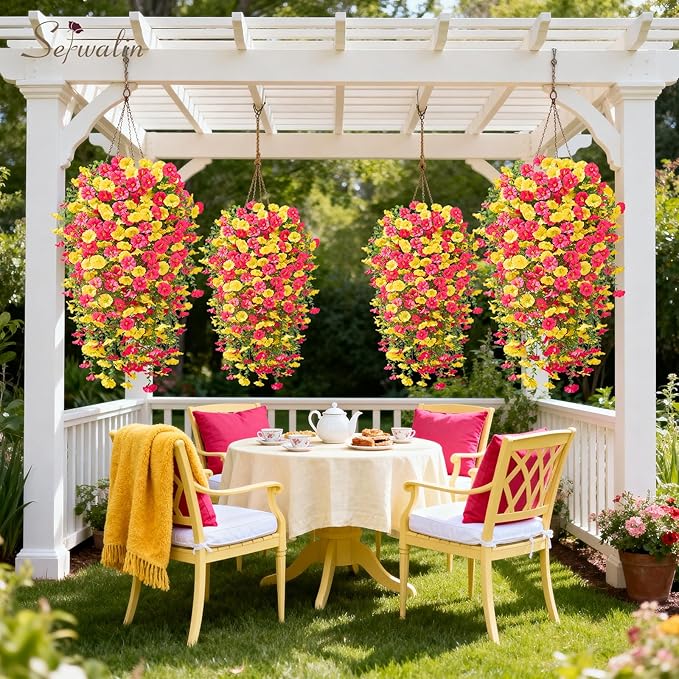 Serwalin Artificial Hanging Flowers for Outdoors UV Resistant, 4PCS Faux Morning Glory Fake Outdoor Flowers Realistic Silk Flower Plants for Outside Planter Front Door Porch Patio Yard Decor