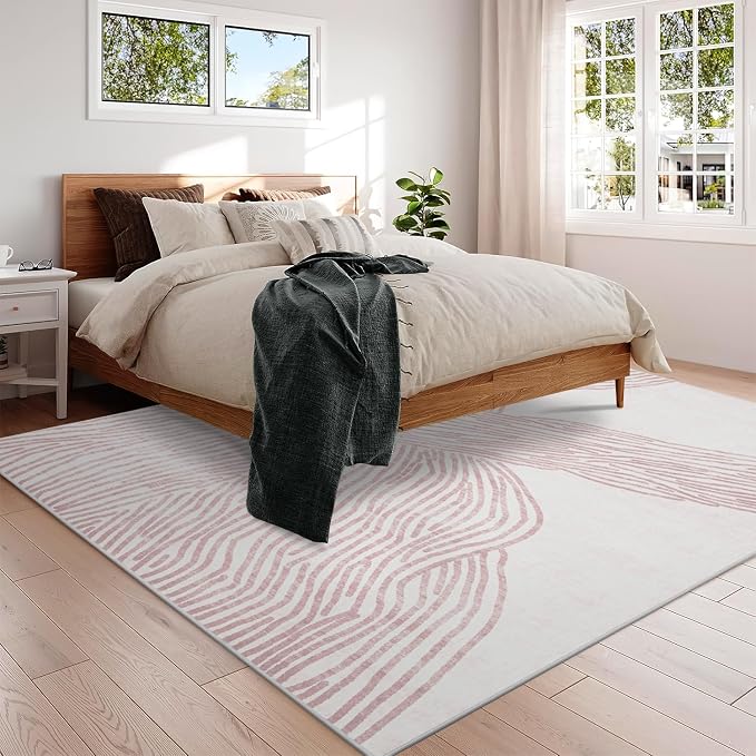 YIHOUSE Pink Rug for Living Room, 6×9 Modern Abstract Area Rug, Geometric Contemporary Wave Striped Rugs for Playroom Nursery, Washable Nonslip Large Ultra-Thin Rug for Bedroom Dining Room