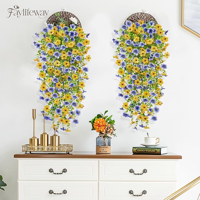 Artificial Hanging Flowers for Outdoors Spring Summer Decoration, 8PCS UV Resistant Silk Fake Hanging Plants for Patio Porch Front Yard Window Garden Indoor Decor(Blue&Yellow,8PCS)
