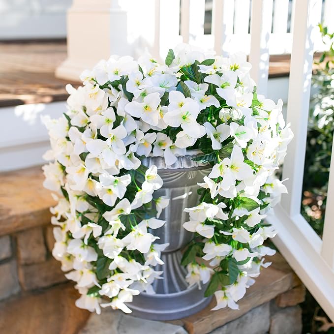 Faux Bougainvillea Artificial Flowers Plants for Outdoors Outside Decoration, 2 PCS White Fake Flowers UV Resistant Look Real Silk Long Trailing Vines for Front Door Porch Planter Patio Garden Yard